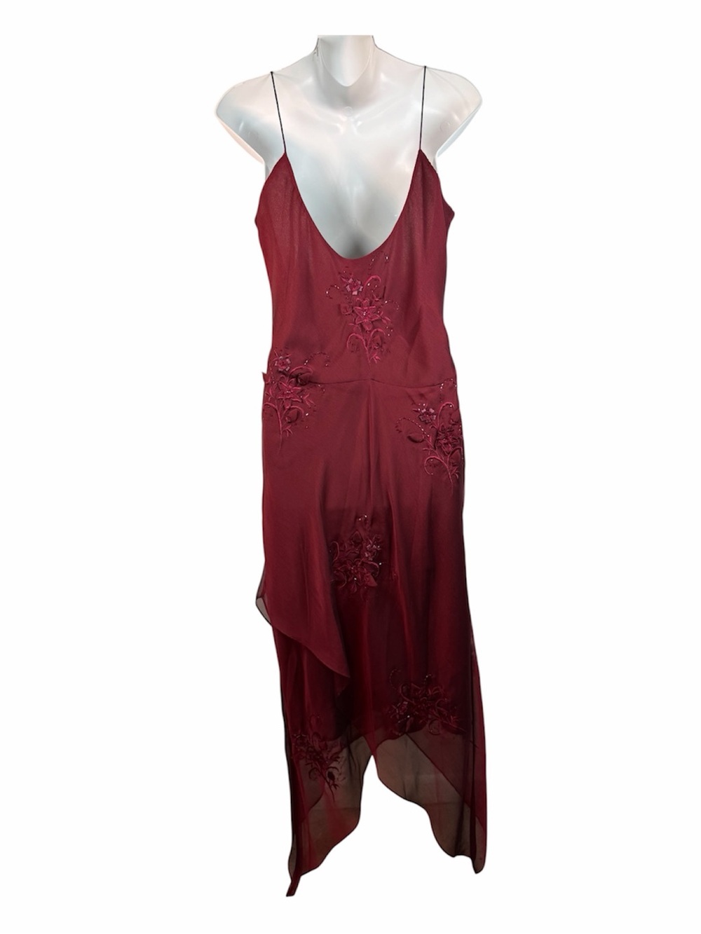 Adrianna Papell Evening Beaded Dress Floral Fairy Burgundy Y2K 12P Asymmetrical - Picture 2 of 12